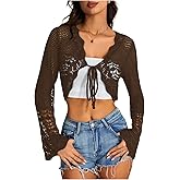 OYOANGLE Women's Crochet Tie Front Sweater Cardigans Bell Sleeve Knitted Cropped Bolero Shrug Cardigan