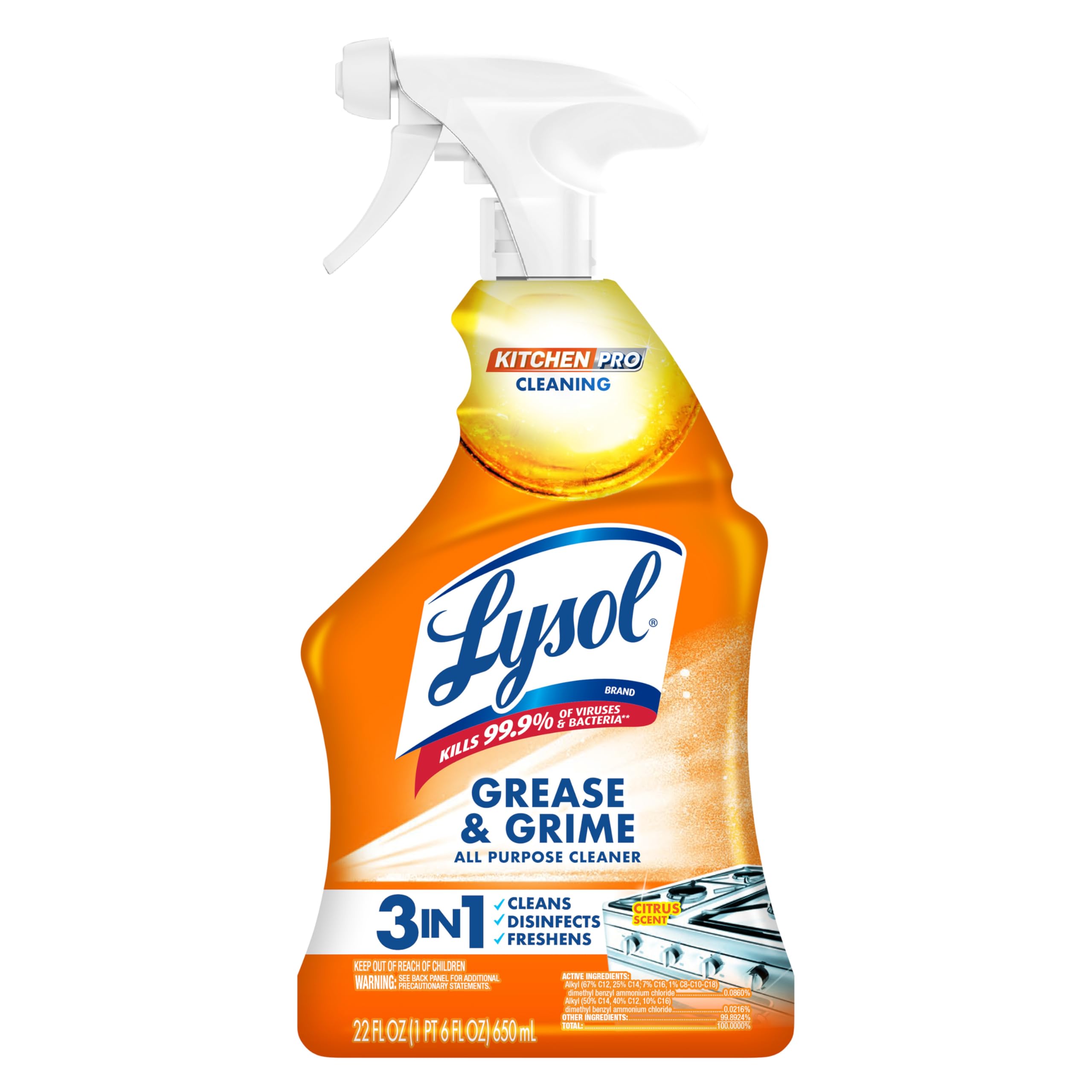 Photo 1 of Lysol Pro Kitchen Spray Cleaner and Degreaser, Antibacterial All Purpose Cleaning Spray for Kitchens, Countertops, Ovens, and Appliances, Citrus Scent, 22oz