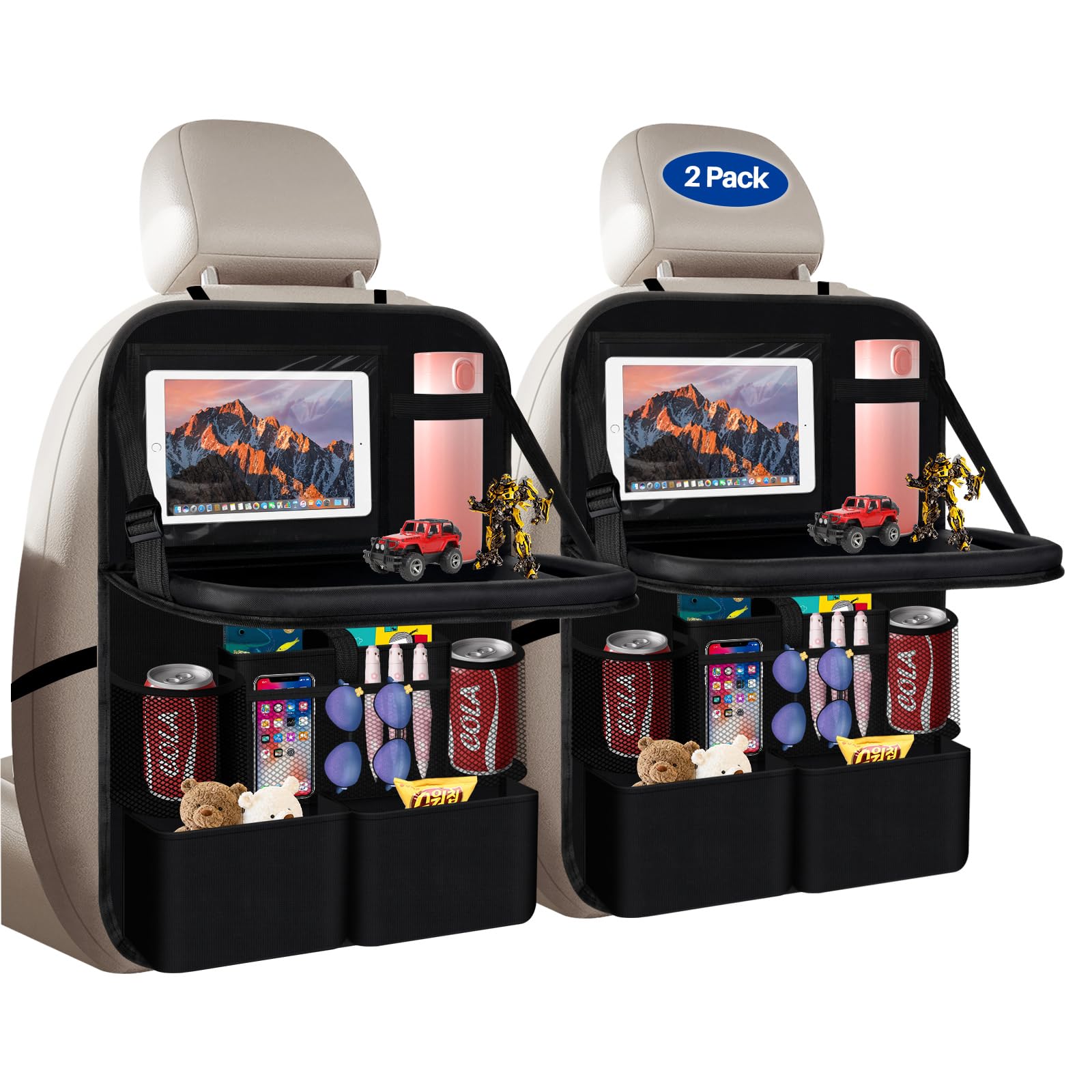 Photo 1 of 2-Pack Car Backseat Organizer with Table Tray 9 Storage Pockets Backseat Car Organizer and storage with Tablet Holder, Kick Mats Back Seat Cover for Kids family Road Trip Essentials Travel