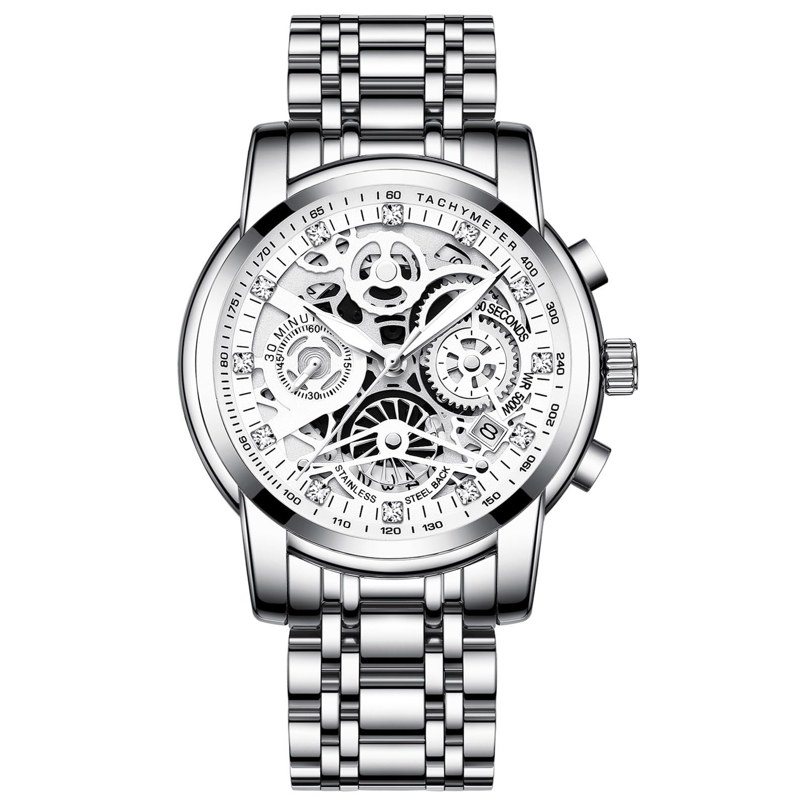 RORIOS Men's Chronograph Waterproof Quartz Analogue Watch Stainless Steel Bracelet Luminous Business Watch for Men, White/Silver, Bracelet