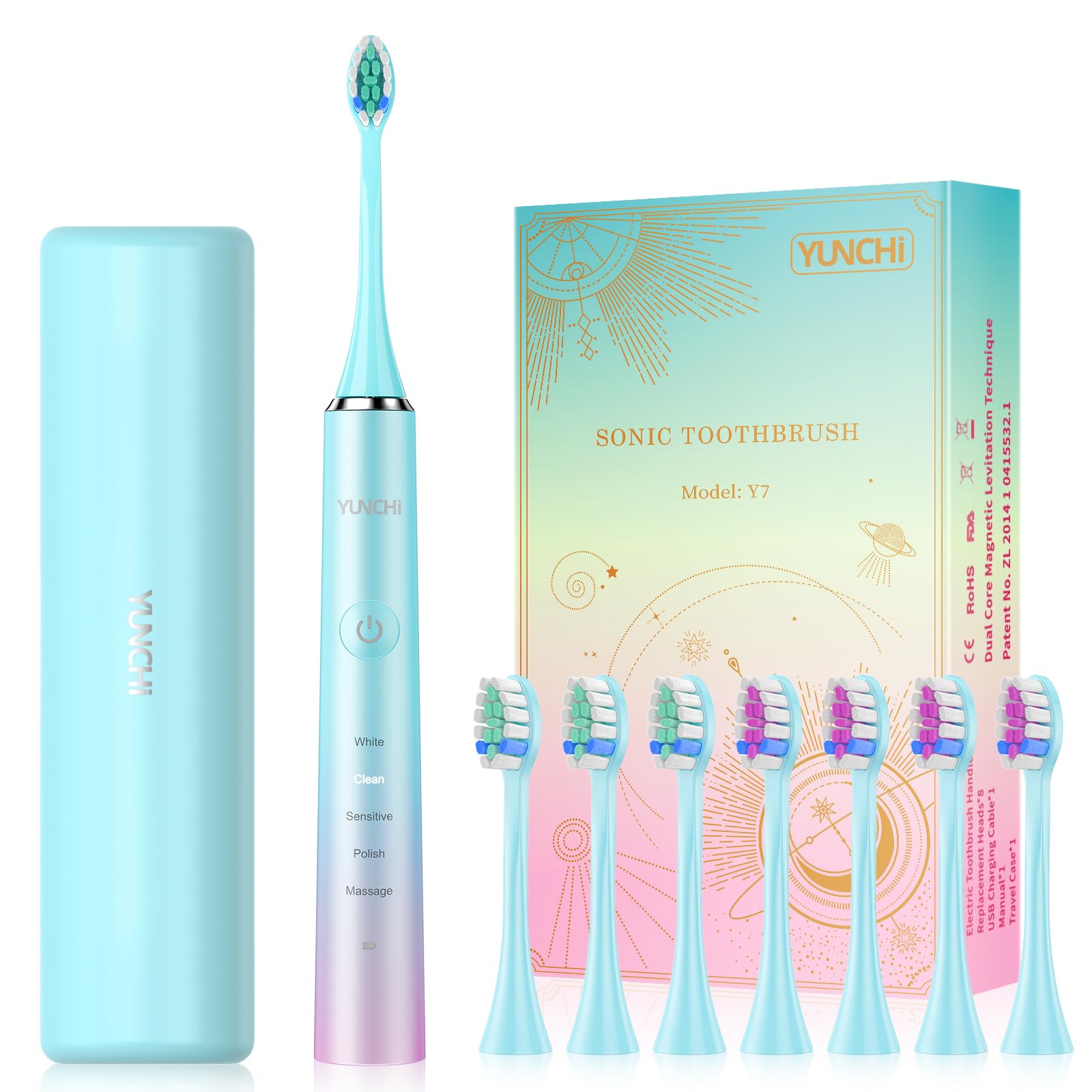 YUNCHI Y7 Electric Toothbrushes for Adults, Rechargeable Sonic Toothbrush with 8 Brush Heads and Travel Case, Blue