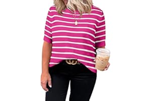 Eytino Women Plus Size Sweater Tops Short Sleeve Crewneck Striped Tshirts Casual Summer Blouses Shirts(1X-5X)
