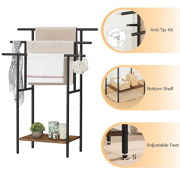 HOOBRO 39.4″ TALL FREESTANDING TOWEL RACK FOR BATHROOM, 3 TIER STEPPED BLANKET RACK WITH SHELF, OVERSIZED BATH TOWELS DRYING AND DISPLAY RACK, BLACK AND RUSTIC BROWN BF50LB01