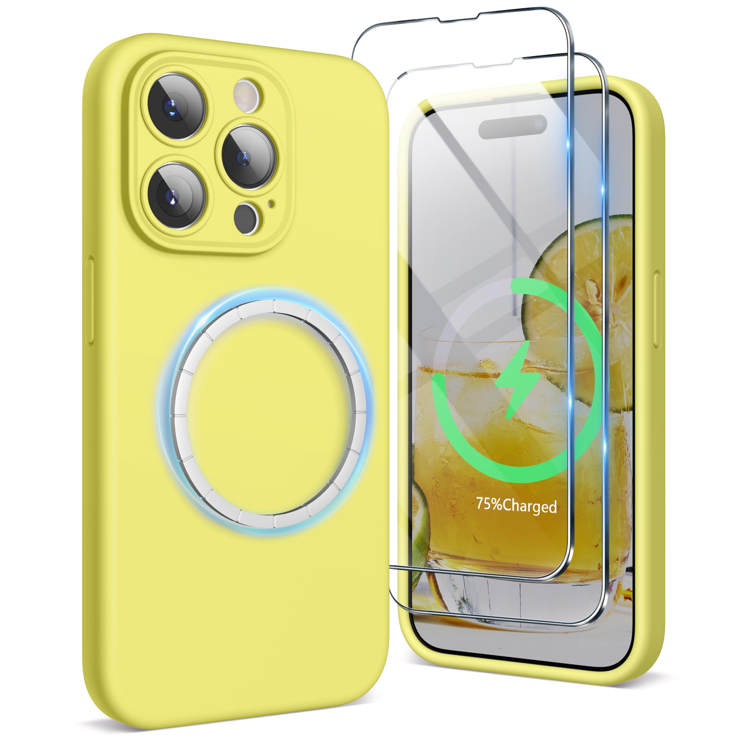 SURPHY Magnetic Case for iPhone 15 Pro Max Case with Screen Protector, Liquid Silicone Anti-Scratch Compatible with MagSafe Gel Rubber Phone Case for iPhone 15 Pro Max 6.7 inch, Yellow — image 1