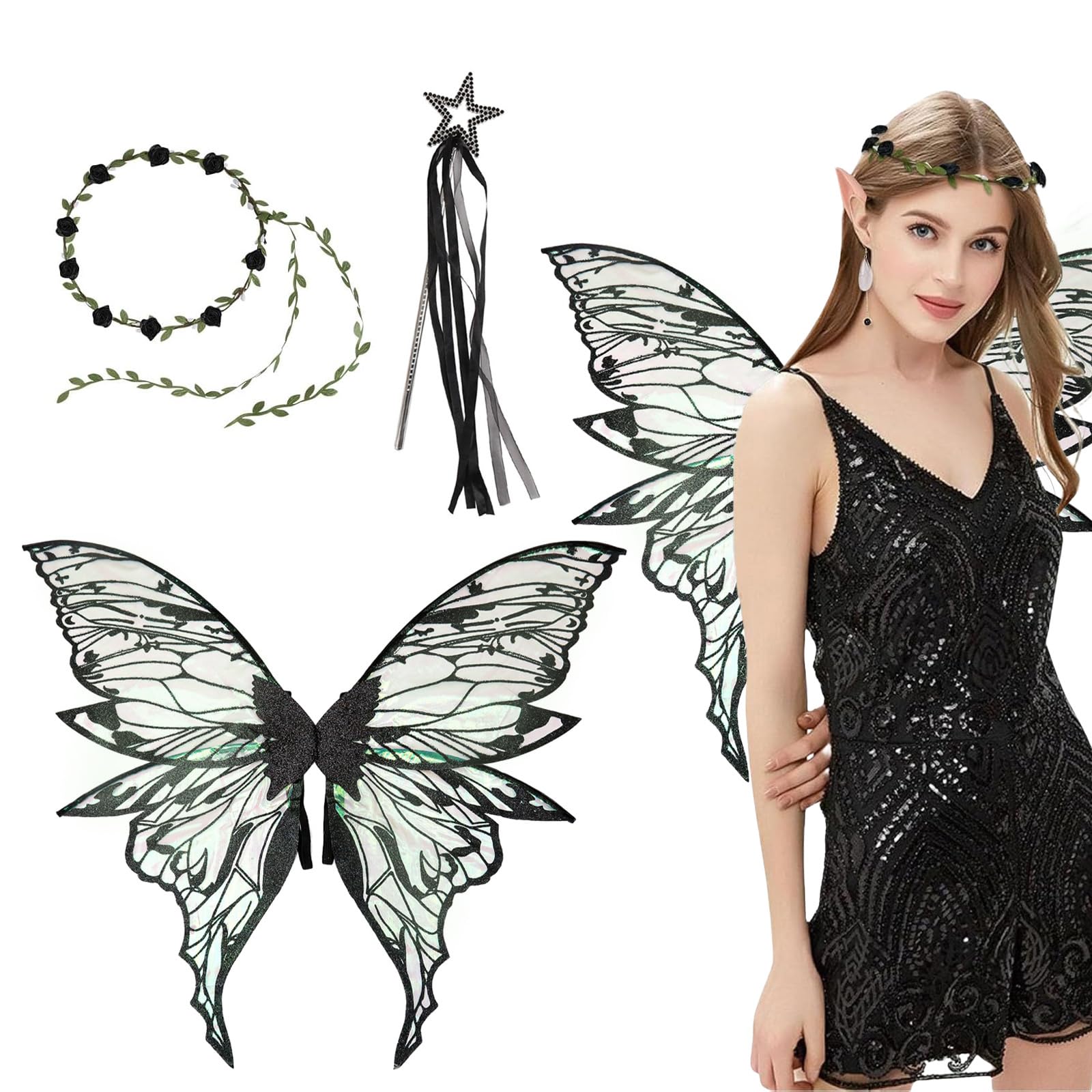 Fairy Wings, Butterfly Wings Adults, Angel Costume Accessories, Sparkling Sheer Wings with Flower Headband, Angel Princess Fancy Dress Up Costumes for Halloween Party Cosplay (Black)