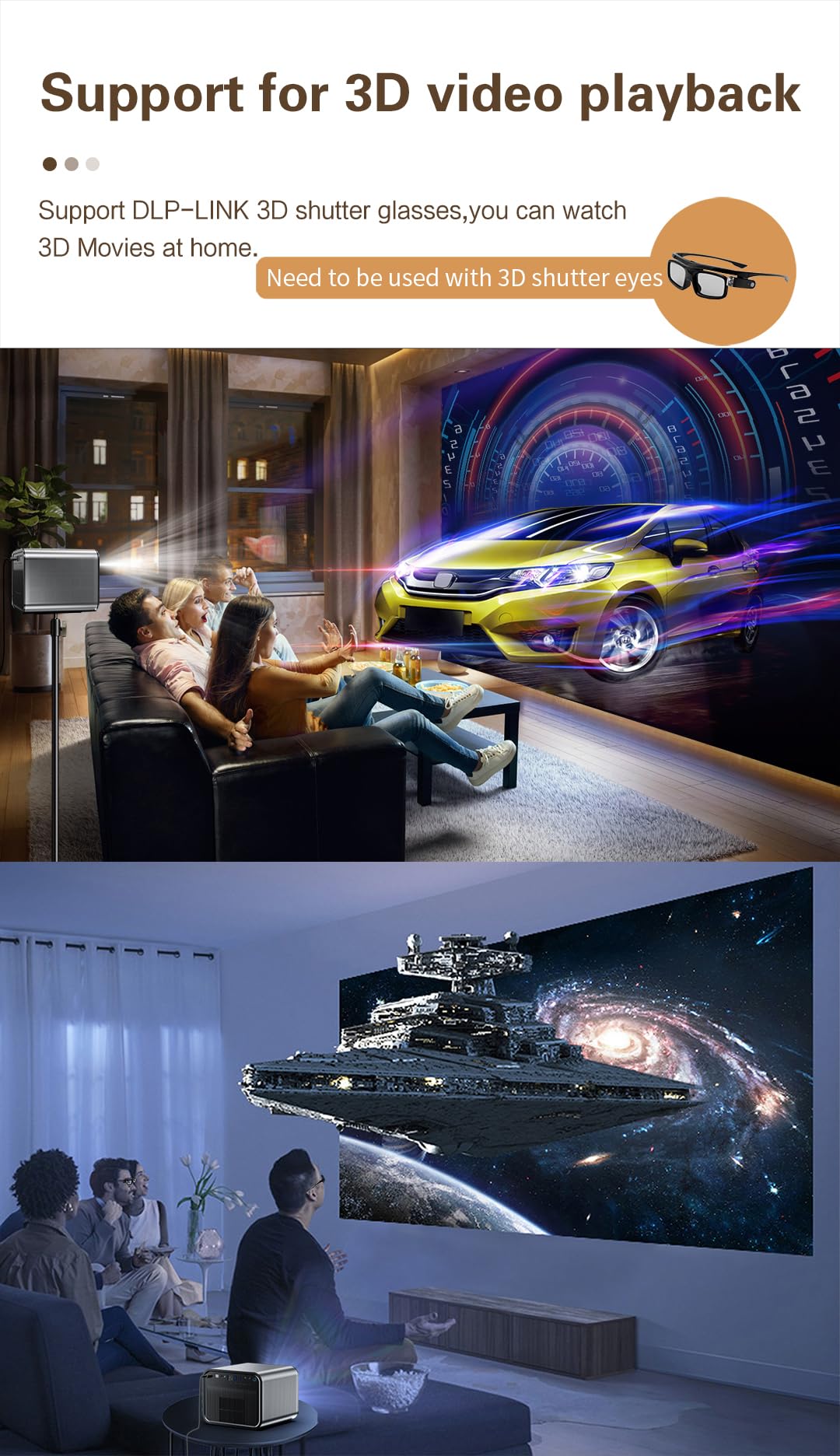 Yinzam X5 Projector, Smart Home Cinema Video Projector with 1920*1080P MAX 4K Bluetooth Voice Control 20W Sound System, 2200 Ansi Lux Android 3D Projector