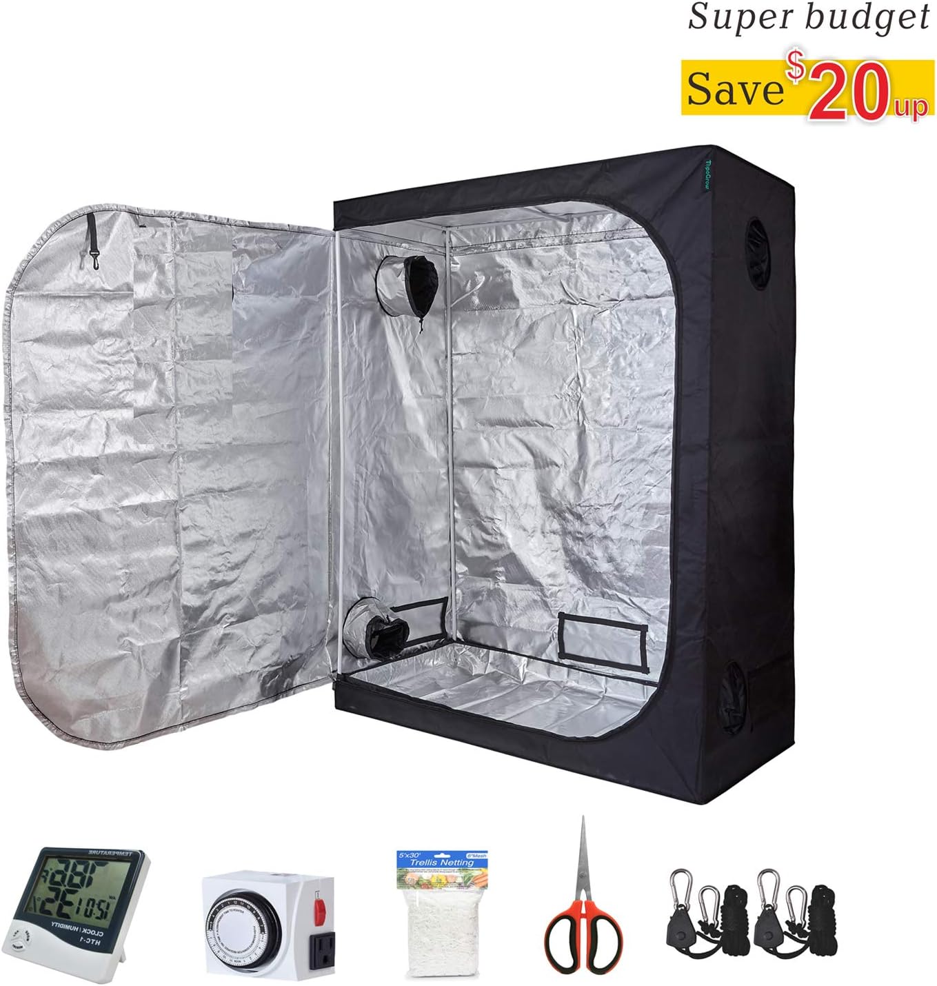 Hydroponic 60"X32"X80" Indoor Grow Tent Kit W/Analog Timer+Humidity Monitor+Bonsai Shear+5'X15' Net Treill+Grow Light Hangers for Indoor Plant Growing (60"X32"X80")