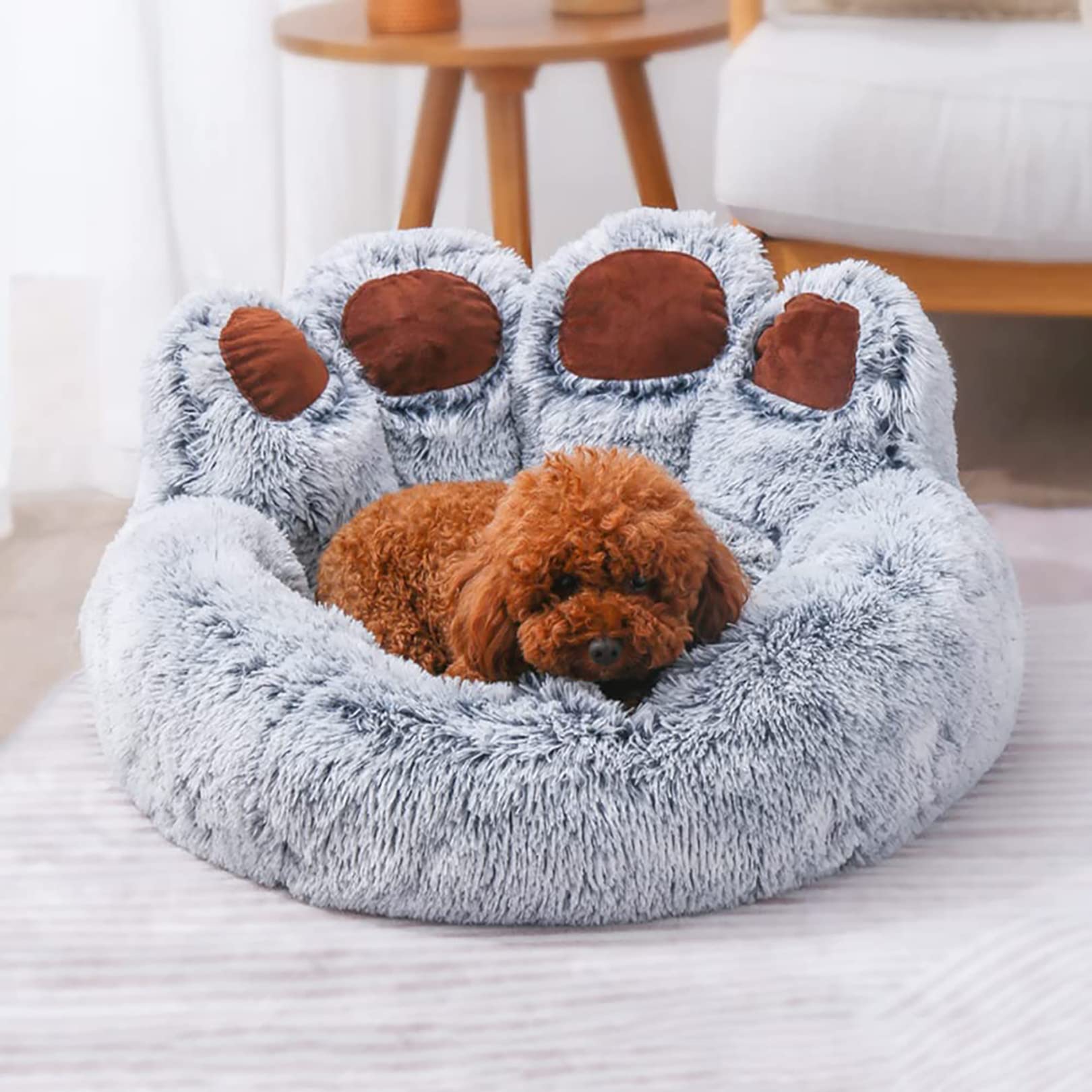 Yinghesheng Plush Calming Dog Bed, Cat Sofa With Cute Bear Paw Shape for Medium Dogs and Cats, Cuddler Nest, Gray, 55cm