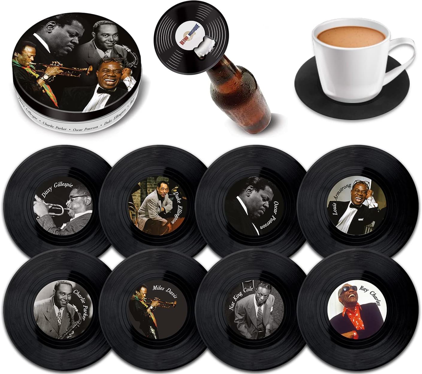 Retro Musique Set of 8 Jazz Legends Vinyl Coasters With Magnetic Bottle Opener | Lovely Music Coasters Bar Gifts For Men & Women | Fantastic Music Lover Gifts Housed In a Metal Tin