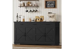 usikey Buffet Cabinet, 63” Large Sideboard Buffet Storage Cabinet with 3 Drawers, Farmhouse Coffee Bar with 4 Doors, for Kitchen, Living Room, Black
