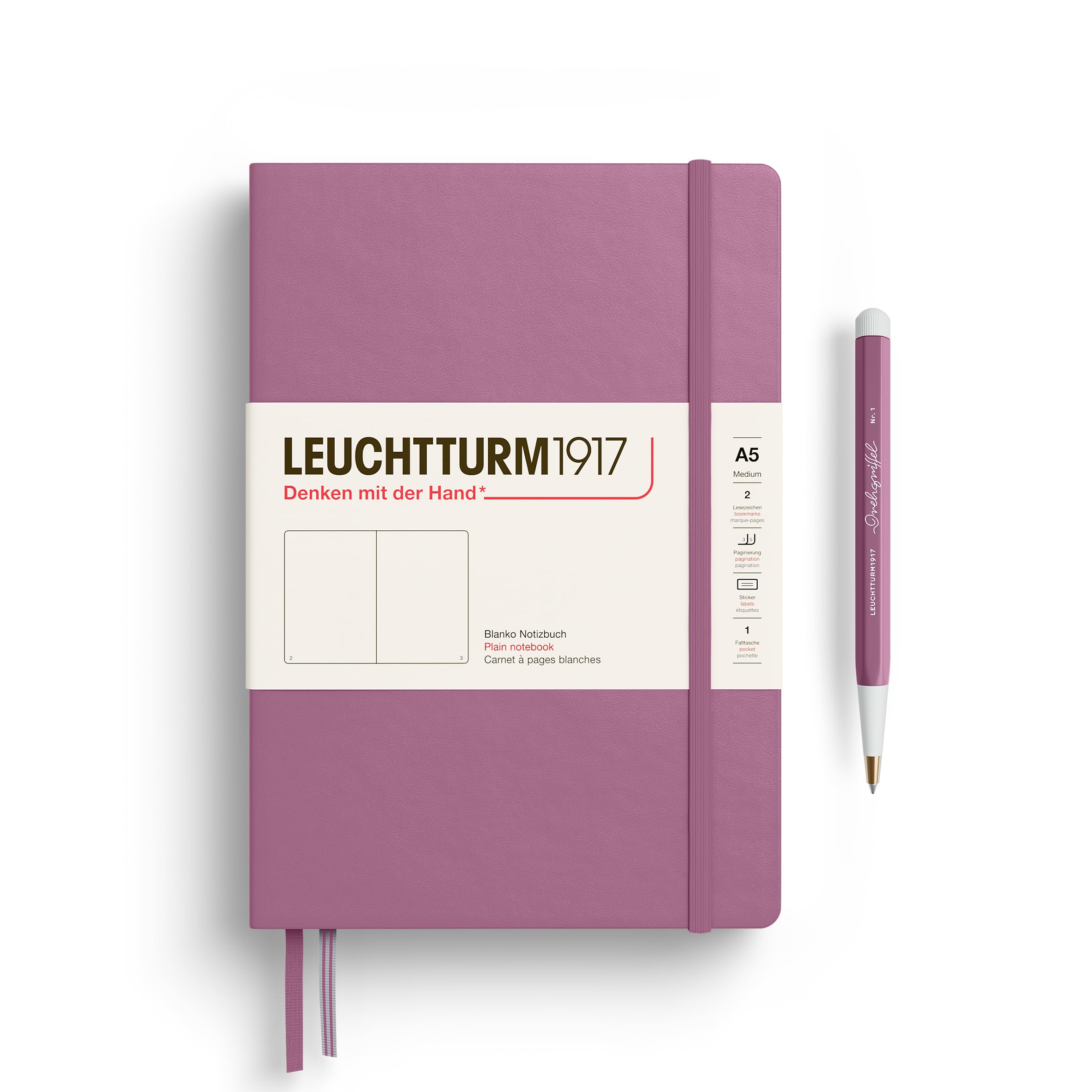 LEUCHTTURM1917 372184 Notebook Medium (A5), Hardcover, 251 Numbered Pages, Dusty Rose, Plain