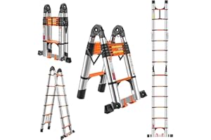 EVASTAR HOME EvaStar 12.5FT A Frame Telescoping Ladder, Lightweight Aluminum Telescopic Ladders w/Triangle Stabilizers, Stabilizer Bar & Wheels, 330lbs Capacity Extension Ladder for Home, Outdoor- Orange & Silver