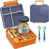 Bento Lunch Box Set for Kids with 8oz Soup Thermo, Leak-Proof Lunch Containers with 4 Compartment, Thermo Hot Insulated Food Jar and Foldable Fork Spoon, for Kids to School (Navy Blue)