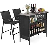 Tangkula 3 Piece Outdoor Bar Set with Stools, Black | Patio Bar Height Table with 2-Tier Storage Shelf | Comfy Design | Heavy Duty Metal Frame | For Backyard Poolside Balcony