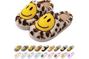 AIMINUO Women's Men's Retro Preppy Happy Face Slippers Comfy Warm Plush Slip-On House Slipper for Winter Indoor Soft Cushion Non-slip Fluffy Slides Slippers