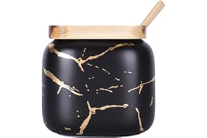 VanEnjoy Decorative Marble Pattern Ceramic Sugar Spice Containers Porcelain Jar with Bamboo Lid and Spoon Condiment Jar for Home