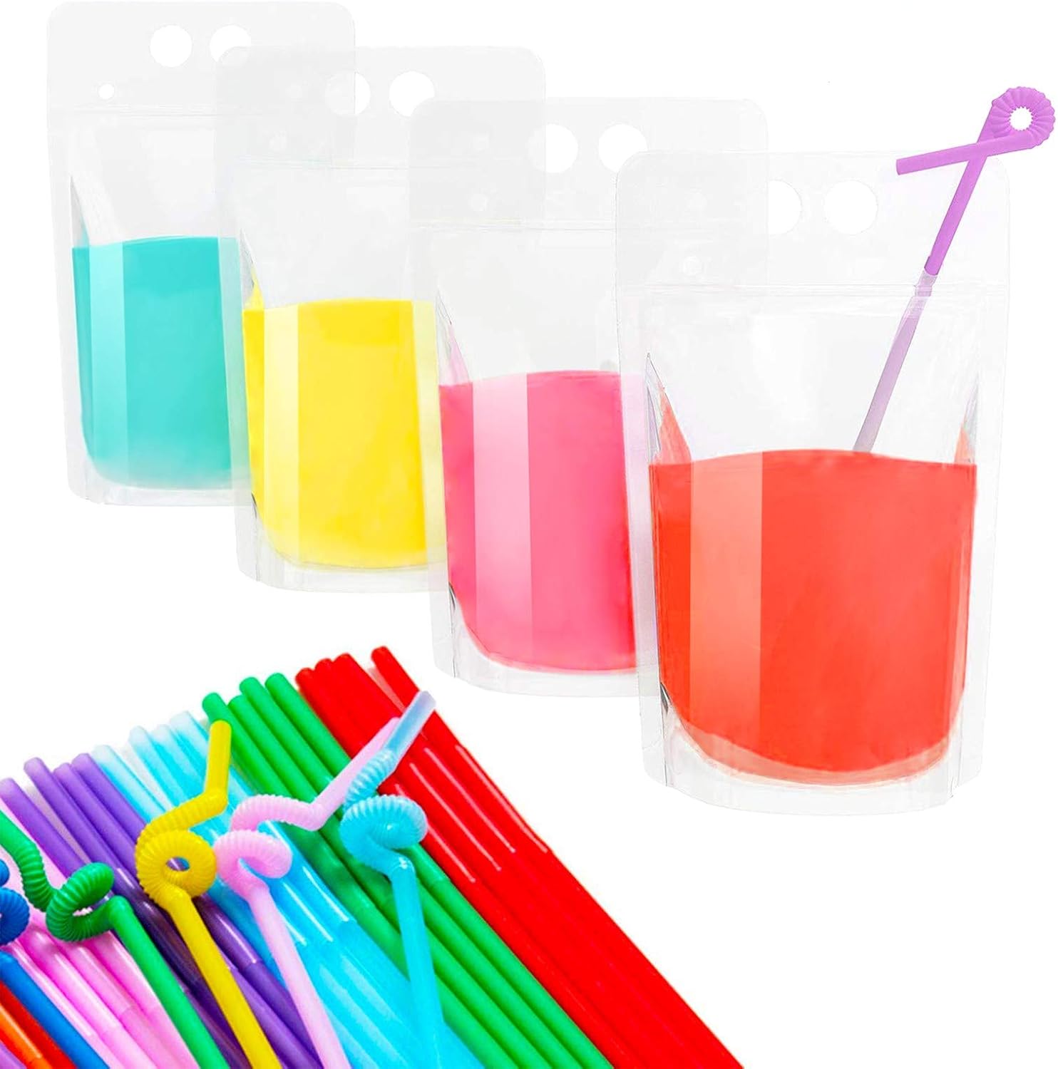 50 Pcs Drink Pouches With Straws - Smoothie Drink Bags Juice Pouch for Adults & Kids No Leak Resealable Double Zipper Clear Drinking Bags for Cold & Hot Drinks
