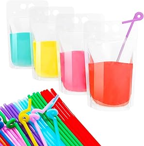50 Pcs Drink Pouches With Straws - Smoothie Drink Bags Juice Pouch for Adults & Kids No Leak Resealable Double Zipper Clear Drinking Bags for Cold & Hot Drinks