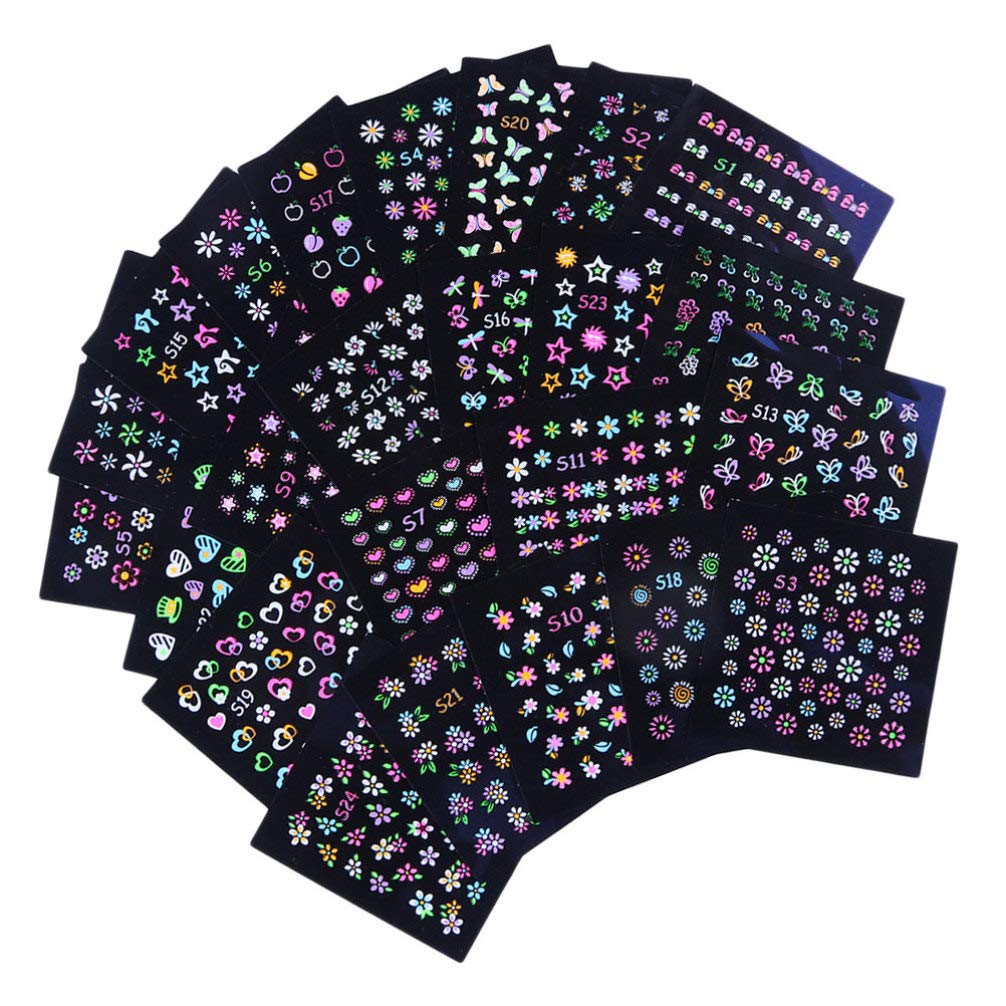 FRCOLOR 24pcs Luminous Nail Art Stickers Decals 3D Flower DIY Manicure Decoration Tools Accessories Fluorescent Glow in the Dark