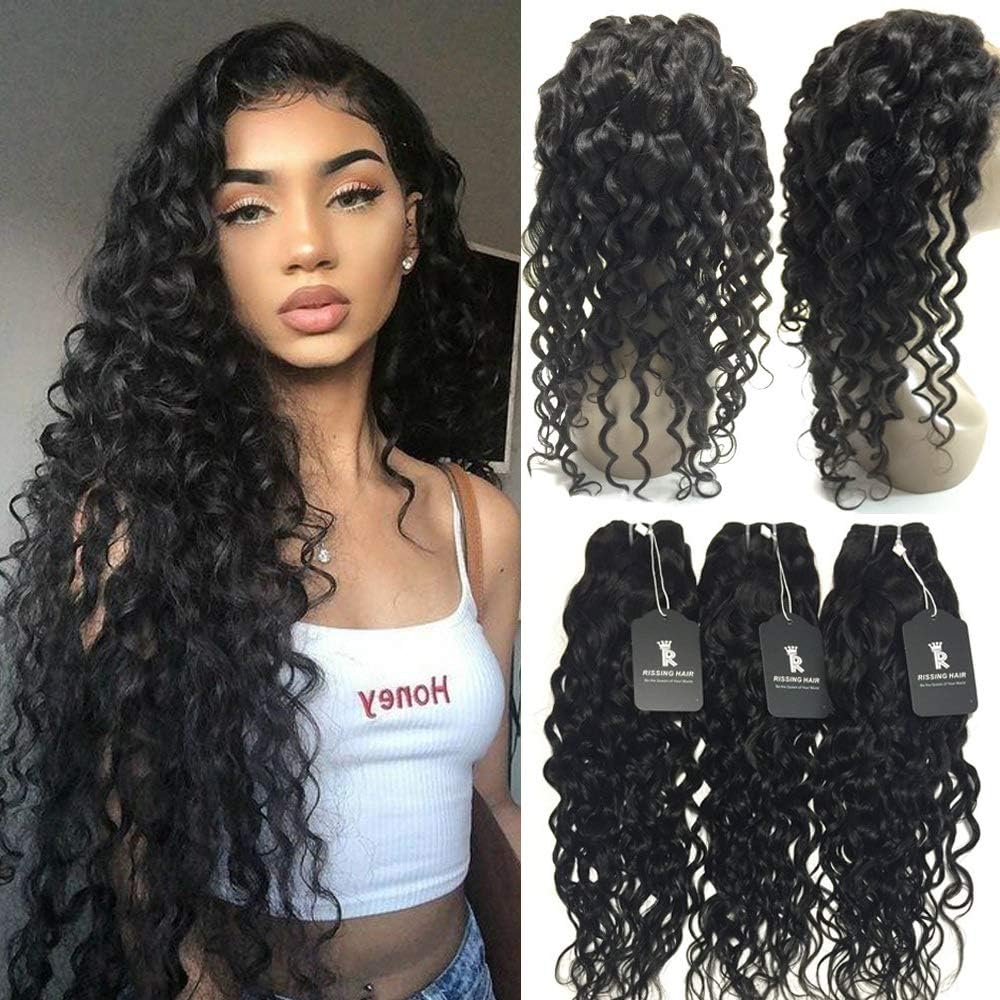 RISSING 360 Lace Frontal With Bundles Water Wave Hair Weave, 3 Bundles with 360 Lace Frontal Closure Brazilian Human Hair Extensions Wet and Wave Pre Plucked Natural (24" 26" 28" +20")