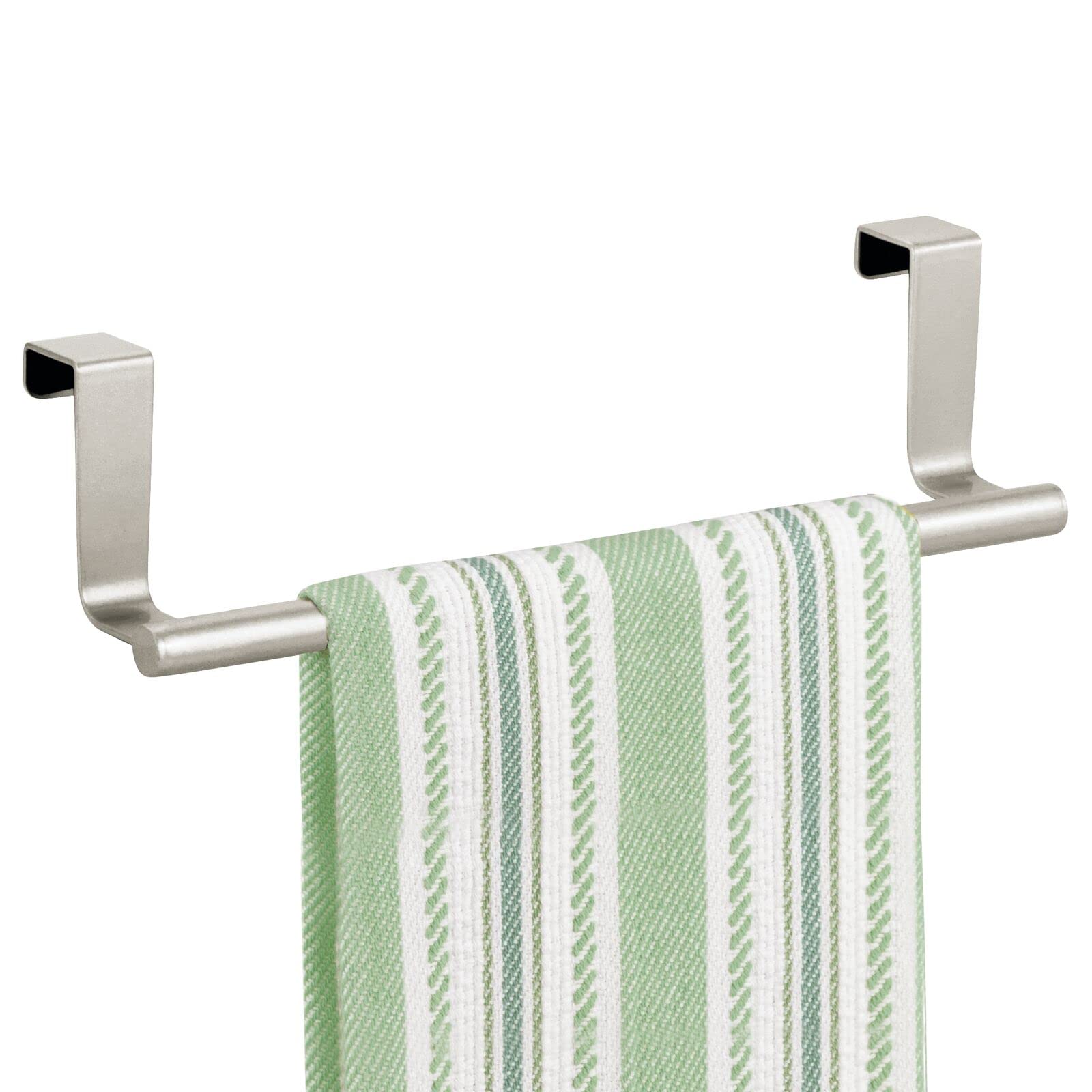 mDesign Tea Towel Holder - Over Door Towel Rail with No Drilling Required - Kitchen Towel Holder - Ideal for Kitchens & Bathrooms - Matte Silver