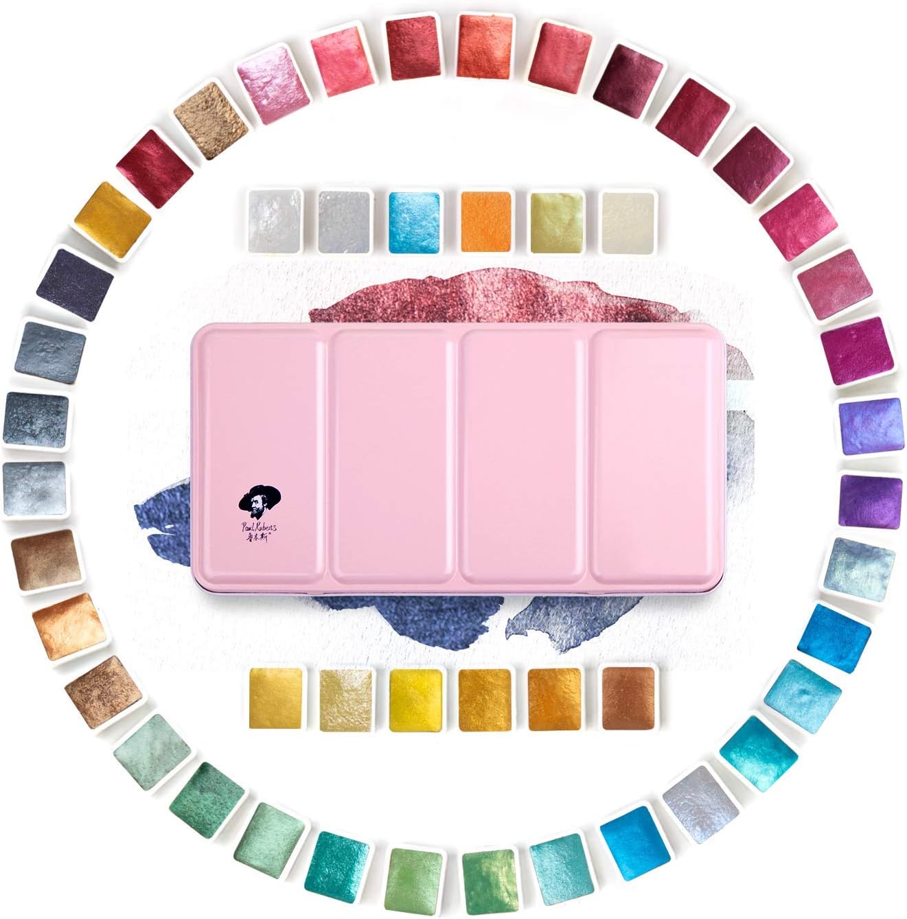 Paul Rubens Artist Grade Watercolour Paint Set, 48 Colours Glitter Watercolor Paints, Portable Metal Case