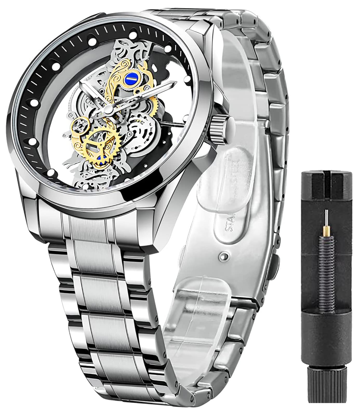 Photo 1 of ***(PARTS ONLY/ NON FUNCTIONAL)***Gosasa Business Men Watch Double Sided Hollow Transparent Analog Display Stainless Steel Quartz Waterproof Creative Male Wrist Watch (Silver S)