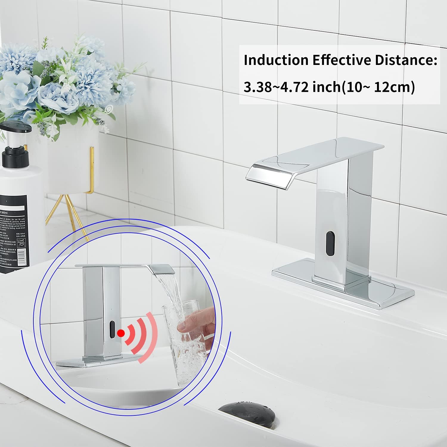 Automatic Sensor Chrome Touchless Bathroom Sink Faucet with Hole Cover Plate Vanity Faucets Hands Free Waterfall Bathroom Water Tap with Control Box and Temperature Mixer by GGStudy: Home Improvement