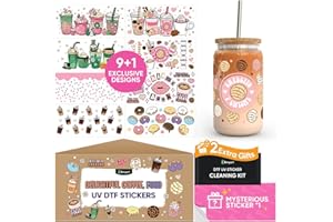 Beryzol UV DTF Cup Wrap, 9 Sheets Coffee Theme Rub on Transfers 1 Sheets Mysterious Pattern and Cleaning Kit, UV DTF Transfers Stickers for 16 OZ Libbey Glass Cups Straws and Accessories