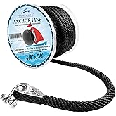 YOUNG MARINE Made 3/8 Inch 50FT 100FT 150FT Premium Solid Braid MFP Anchor Line Braided Anchor Rope/Line with Stainless Steel Thimble and Shackle, Black (3/8" x 50')