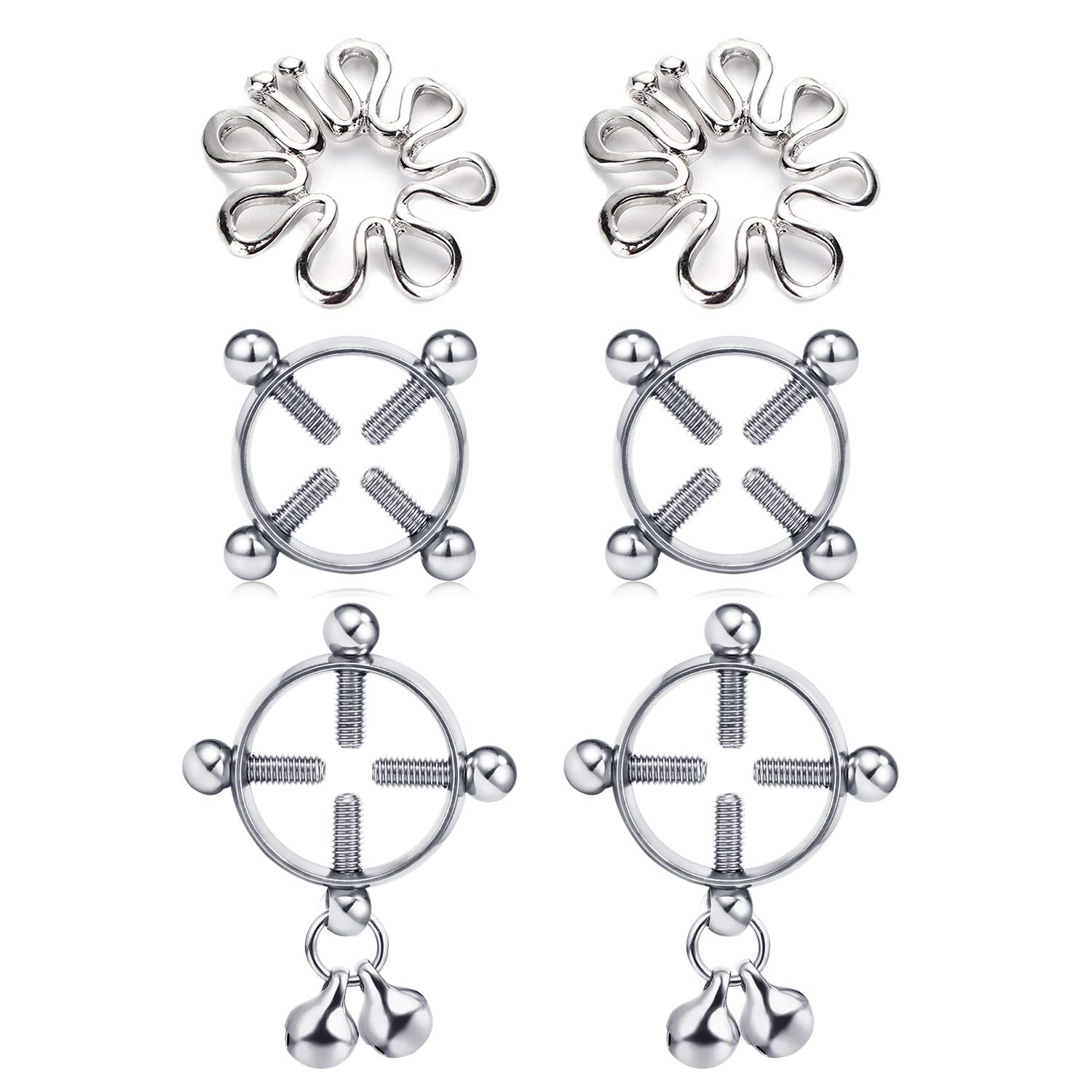 JFORYOU 3 Pair Fake Nipplerings Piercings Clip On Nipple Rings Faux Nipple Jewelry Adjustable Shield Rings with Bell, Surgical Steel Shields Screw Body Piercing Circle Clamp