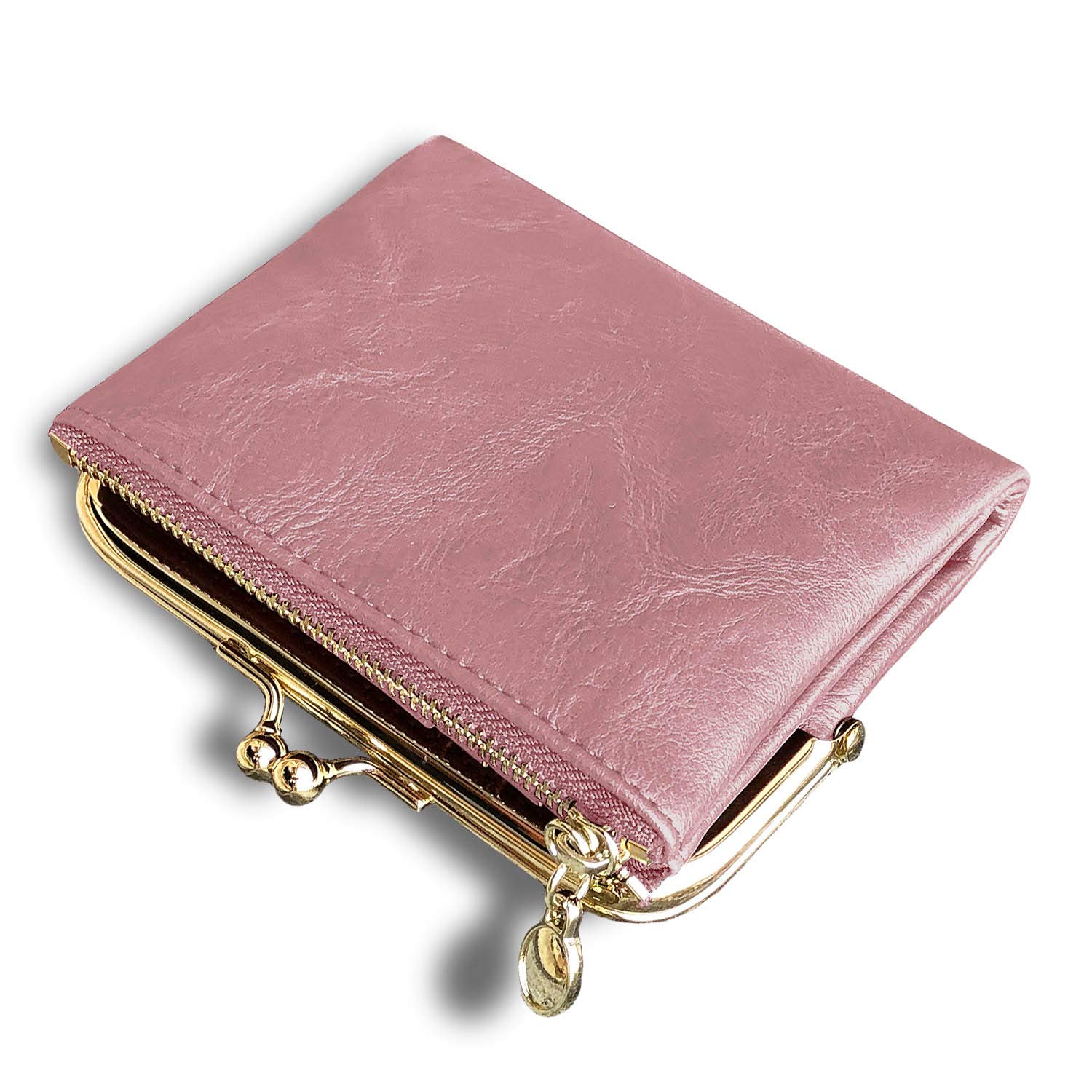 Photo 1 of AOXONEL Womens Wallet Small Rfid Ladies Compact Bifold Leather Vintage Coin Purse With Zipper and Kiss Lock (Pink)