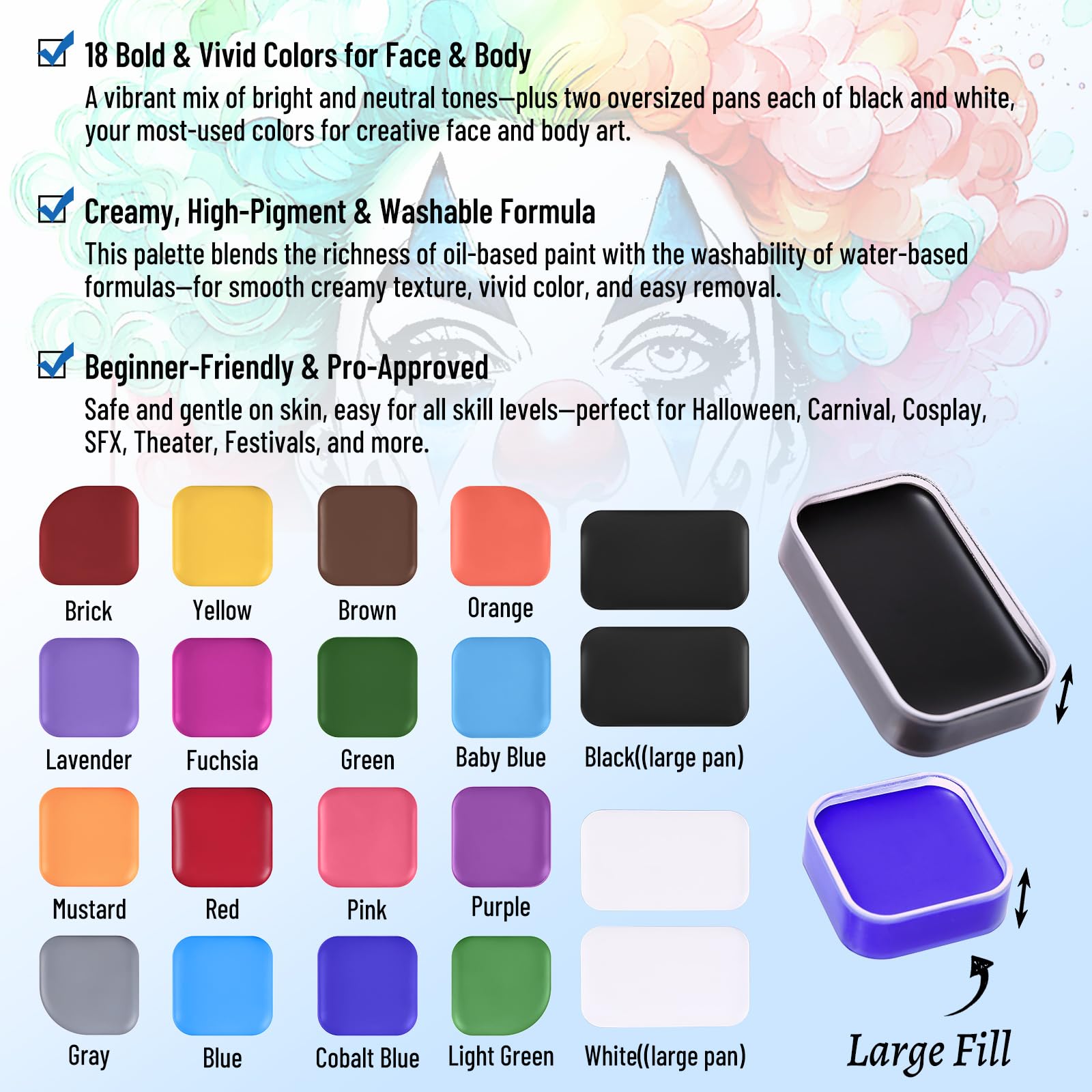 BOBISUKA 18 Color Washable Face & Body Paint Palette with Brushes, Extra Black & White Pans, Highly Pigmented Cream Formula Face Painting Kit for Halloween, Carnival, Cosplay, Festivals & SFX Makeup