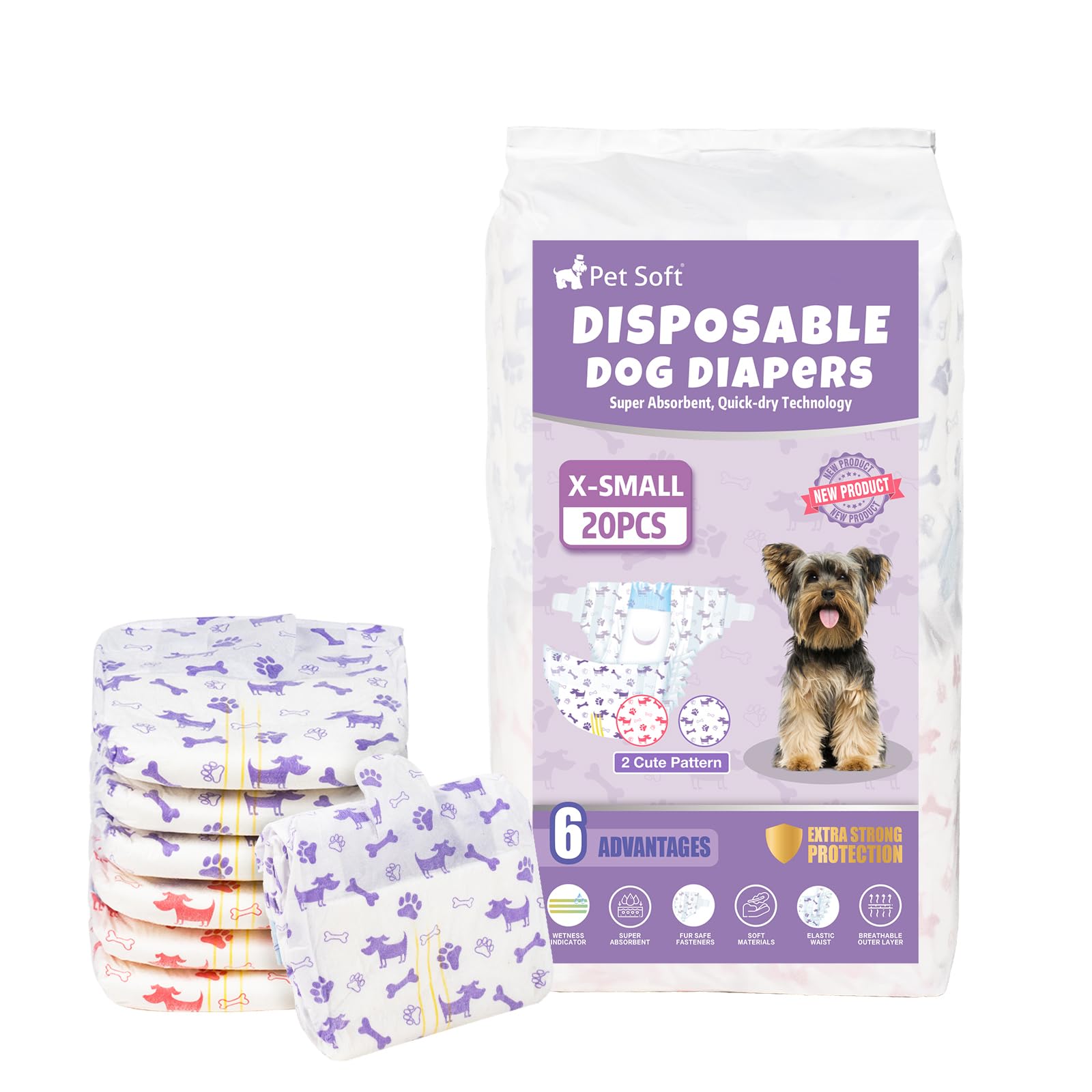 Pet Soft Dog Nappies Female - 20 Count Disposable Dog Period Season Pants, Super Absorbent Disposable Dog Diapers for Female Dogs with Wetness Indicator
