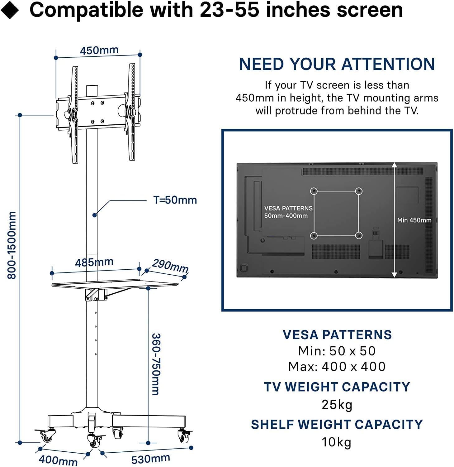 1home Mobile TV Cart Rolling TV Stand with Laptop Shelf/Tray, Locking Wheels for 23-55 inch LCD LED OLED Plasma Display Trolley Floor Stand Holds up to 55lbs Max VESA 400x400mm Black : Office Products