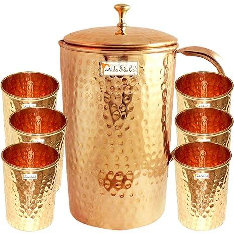 Prisha India Craft Copper Jug Pitcher 1650 ML with 6 Glass Tumbler 240 ML, Hammered Design