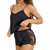 Fem&Fata Silk Pajamas Set for Women 2 Piece Cami Shorts Set Lace Lingerie Sleepwear S-XXL
