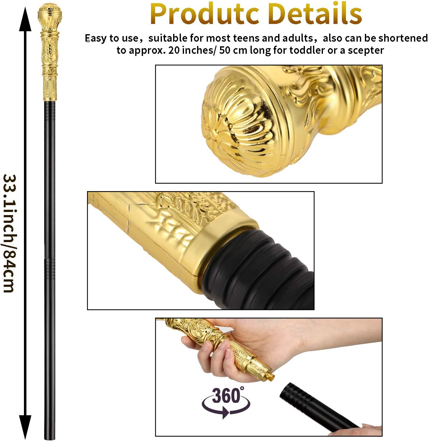 Gold Costume Staff King Cane Walking Stick Cane Gold Costume Walking