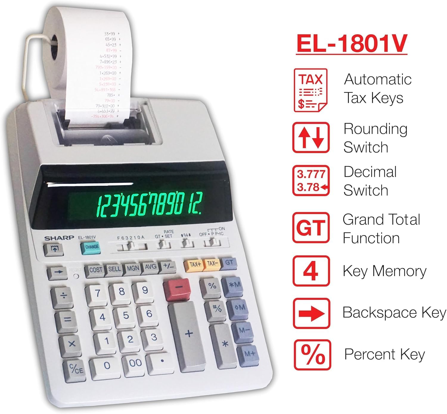 Sharp EL-1801V Ink Printing Calculator, 12-Digit LCD, AC Powered, Off-White, Ideal for Business & Office Use, Easy-to-Read Display & Durable Design