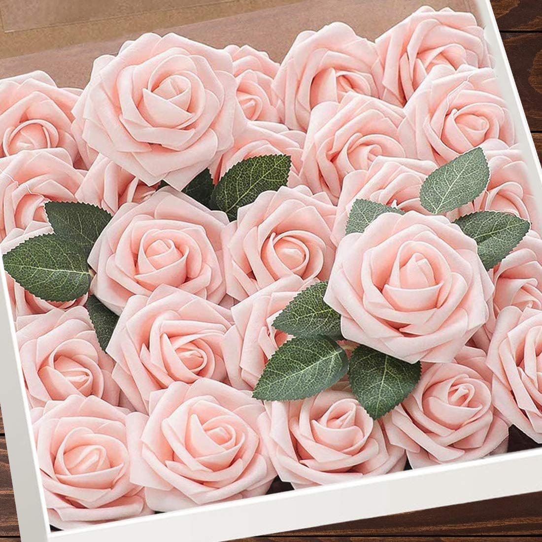 Higfra Artificial Flowers Blush Roses W/Stem, Rustic Farmhouse Decor for Home Wedding Kitchen and Office Ideal Bridal Shower Party Home Decorations 25pcs