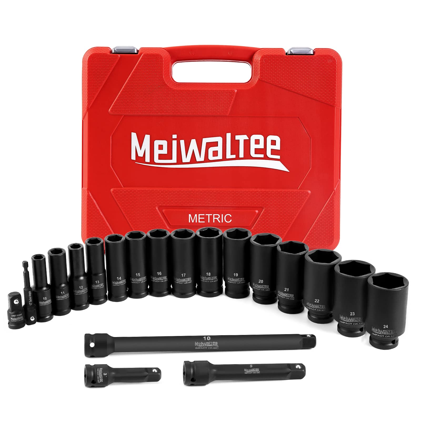 Meiwaltee 1/2" Drive Deep Impact Socket Set, 20PCS Metric10-24mm Socket Assortment Include 3'' 5'' 10'' Extension Bar,Cr-MO Steel with Black Phosphate Coating