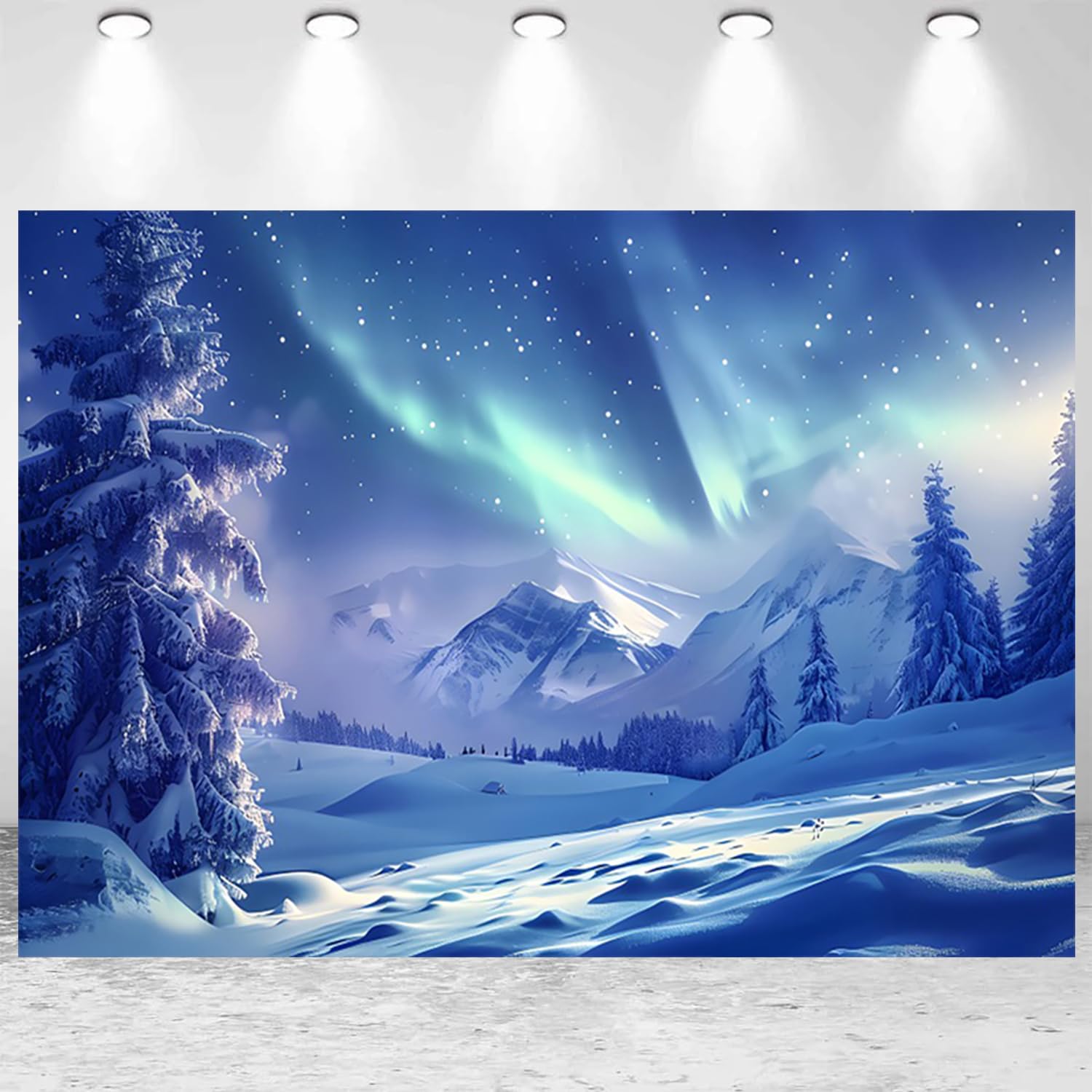 Photo 1 of 10x8ft Winter Aurora Borealis Backdrop Snow Mountain Pine Trees Forest Northern Lights Photography Background Winter Wonderland Theme Party Banner Decorations Portraits Wallpaper Photo Studio Props