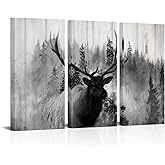 FuShvre - Deer Canvas Wall Art Black and White Elk in Foggy Forest Painting Picture Wild Animal Prints for Cabin Home Decor Framed