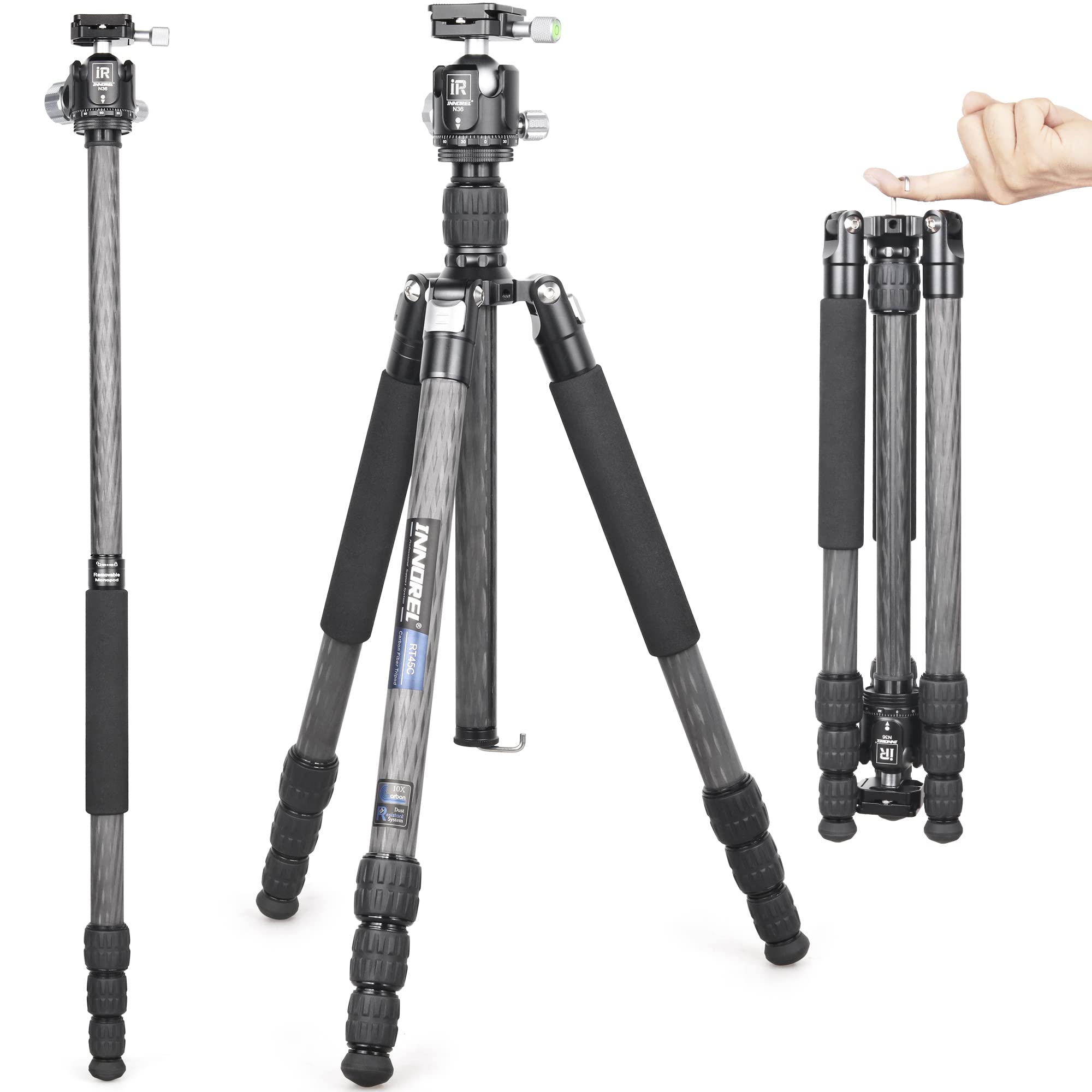 Portable 10 Layers Carbon Fiber Tripod-INNOREL RT45C+N36 Professional Travel Compact Lightweight Tripod Monopod for DSLR Camera Camcorder with 36mm Low Center Gravity Ball Head, Load 33lb/15kg