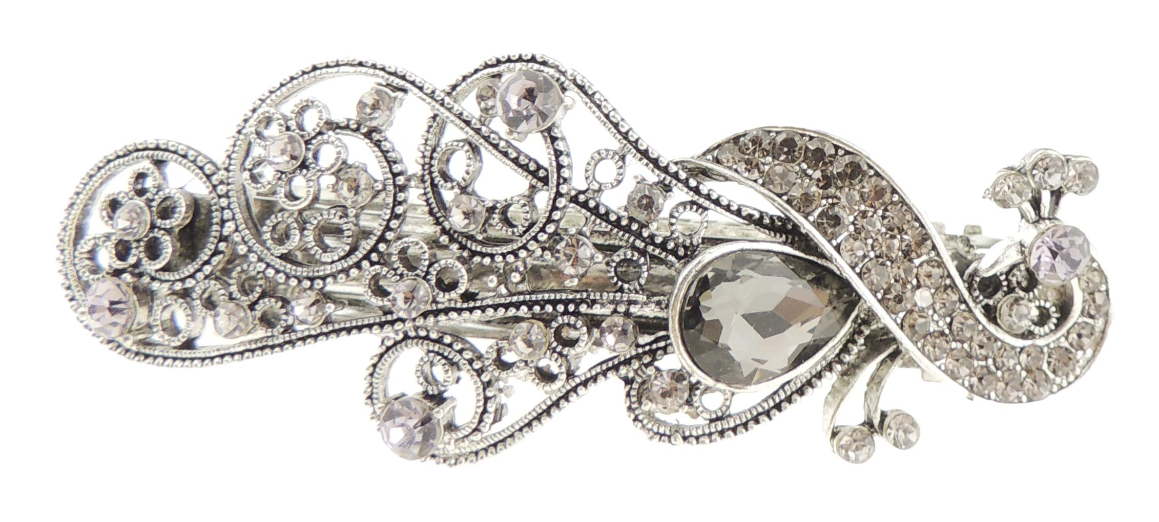 Womens Girls Crystal Rhinestone Diamante Wedding Birthday Party Evening Ponytail Fine Medium Hair Accessories Occasion Barrette Hairpin Silver Tone Metal French Spring Clip Peacock (Grey)