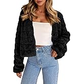 Fisoew Womens Cropped Faux Fur Jackets Long Sleeve Open Front Fluffy Short Coats