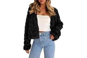 Fisoew Womens Cropped Faux Fur Jackets Long Sleeve Open Front Fluffy Short Coats