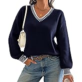ATHMILE Womens Sweaters V Neck Long Sleeve Contrast Knit Casual Pullover Fall Winter Outfits Cute Tops 2026