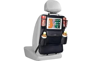 LUCMO Car Backseat Organizer with Touch Screen Tablet Holder,9 Storage Pockets Car Storage Organizer,Protectors Kick Mats Travel Accessories for Kids-Black