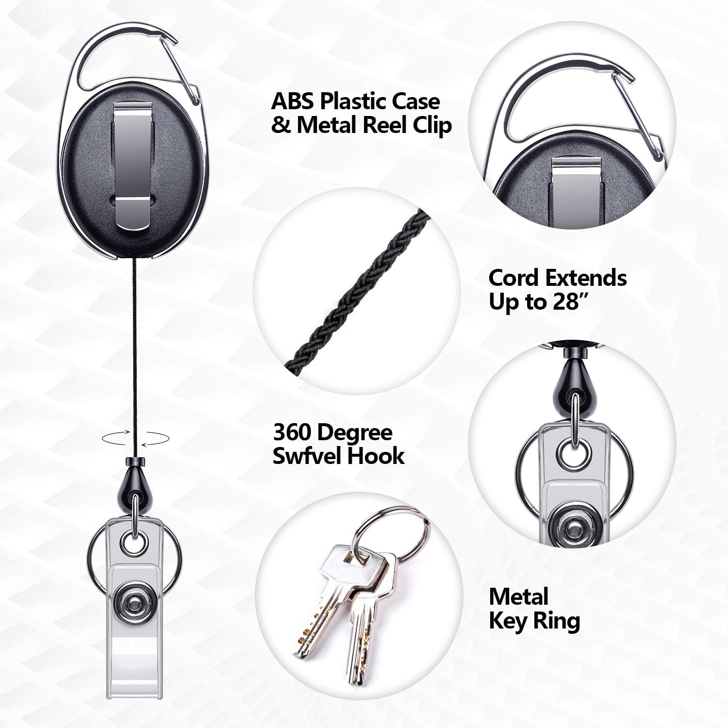 Ktrio 2 Pack ID Badge Holders & Retractable Carabiner Reel Clip, Vertical Name Badge Holder with 28” Kevlar Pull Cord, Heavy Duty Clear PVC Plastic Tag Sleeves for Office, Nurse, Key, Lanyard, Black : Office Products